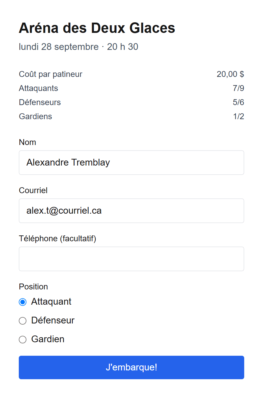 La page d'inscription publique où un joueur entre son nom et son courriel puis appuie sur J'embarque