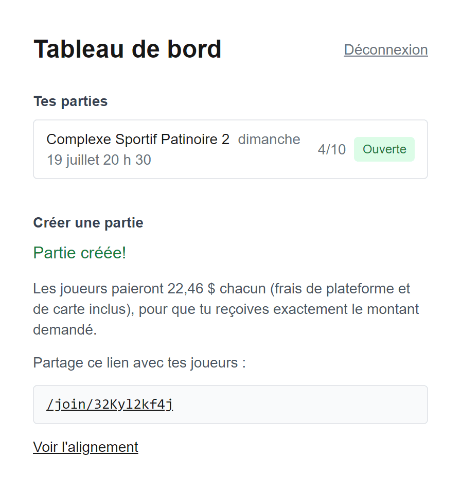 L'écran de partie créée montrant le lien à partager avec les joueurs